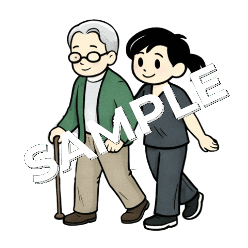 患者を支えながら歩く女性鍼灸師のイラスト