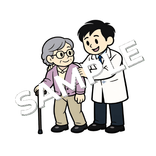 高齢女性患者を支える男性薬剤師のイラスト