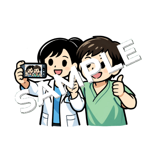 患者と写真を撮る女性薬剤師のイラスト