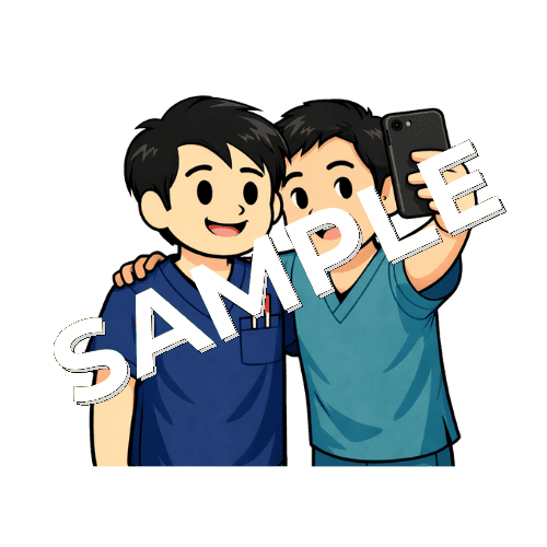 同僚と自撮りをする男性鍼灸師のイラスト
