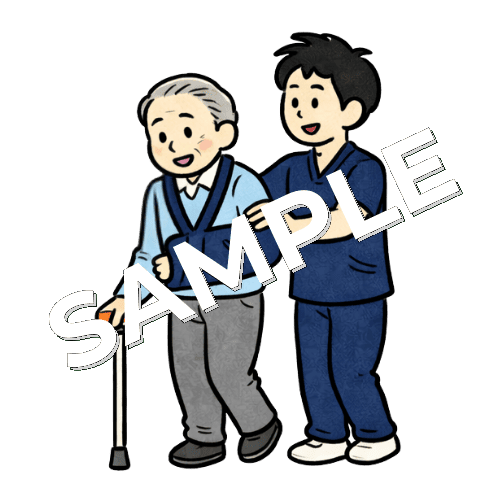 アームスリングを装着した高齢男性患者の杖歩行訓練を行う男性理学療法士のイラスト