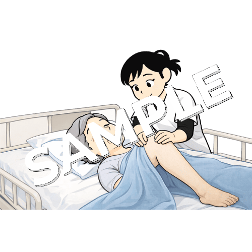 介護ベッドで仰向けで寝てる高齢患者の膝関節の施術をする女性あん摩マッサージ指圧師のイラスト