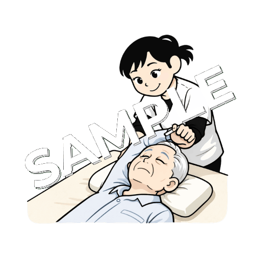 施術ベッドで仰向けで寝てる高齢患者の肩関節の施術をする女性あん摩マッサージ指圧師のイラスト