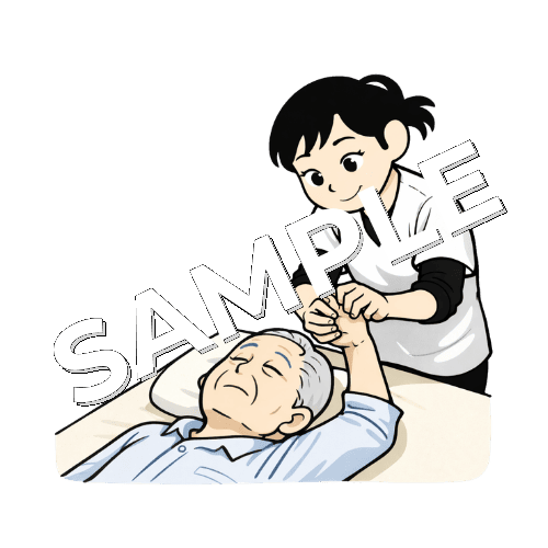 施術ベッドで仰向けで寝てる高齢患者の手関節の施術をする女性あん摩マッサージ指圧師のイラスト