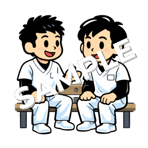2人で座って会話する男性あん摩マッサージ指圧師のイラスト
