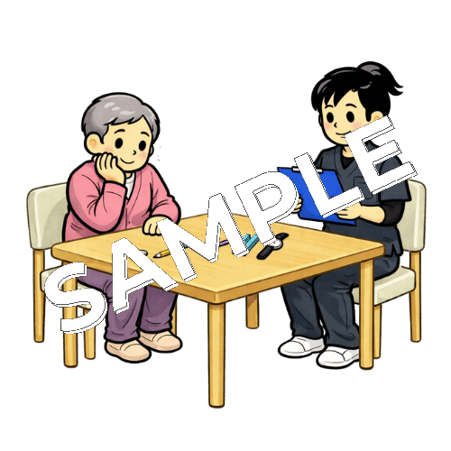 患者の視覚記銘力を評価する女性作業療法士のイラスト