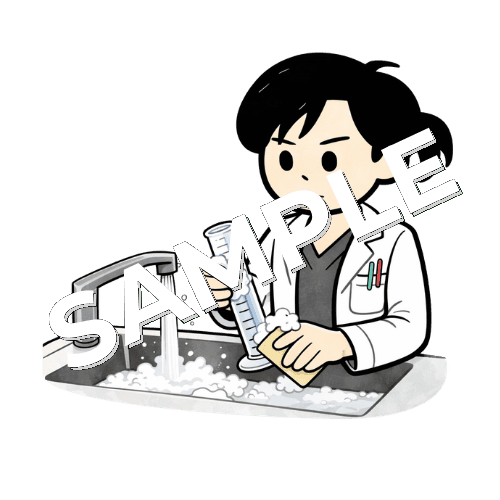 メスシリンダーを洗う女性薬剤師のイラスト