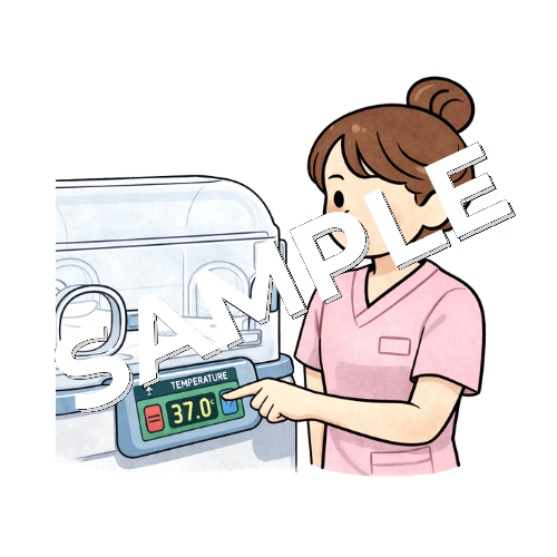 保育器の温度を調節する女性看護師のイラスト