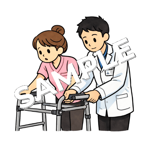 理学療法士と一緒に患者の歩行器を調整する女性看護師のイラスト