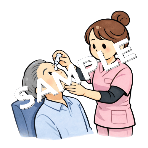 患者に点眼をする女性看護師のイラスト