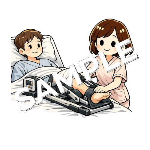 術後の患者にCPM装置を装着する女性看護師のイラスト