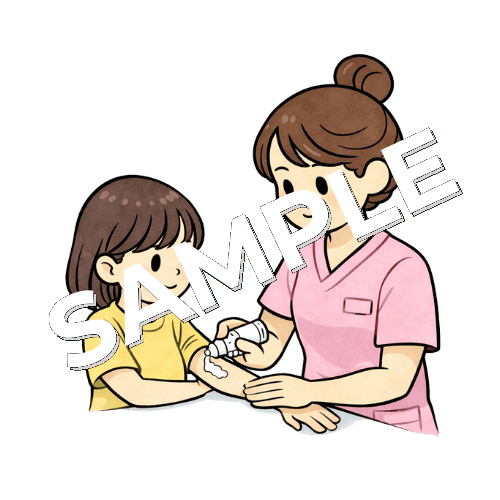 女の子の患者に軟膏を塗る女性看護師のイラスト