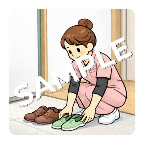 在宅患者の家に訪問して靴を揃える女性看護師のイラスト