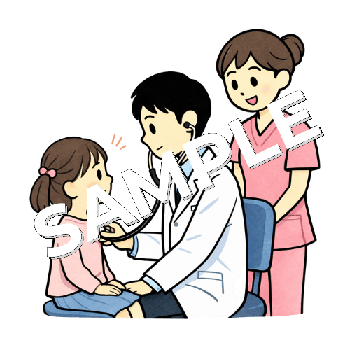 女の子の患者の診察補助をする女性看護師のイラスト