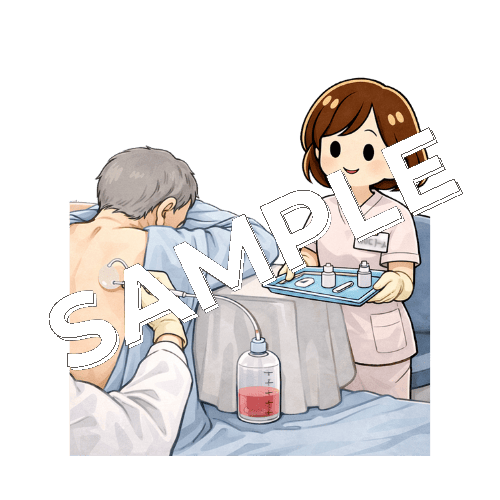 医師の胸腔穿刺を介助する女性看護師のイラスト