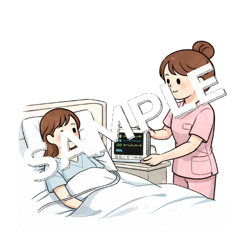 女性患者にバイタルモニターを装着する女性看護師のイラスト
