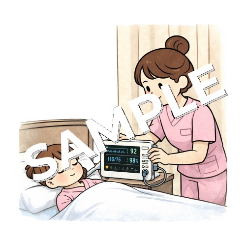 女の子の患者にバイタルモニターを装着する女性看護師のイラスト
