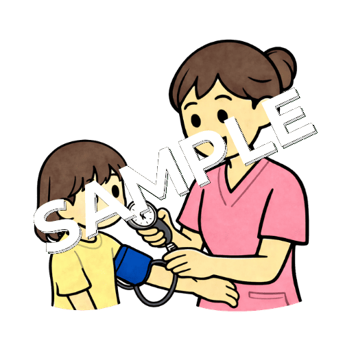 女の子の患者の血圧測定をする女性看護師のイラスト