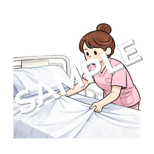 ベッドシーツの交換をする女性看護師のイラスト