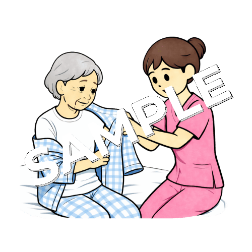 高齢女性患者の寝衣交換をする女性看護師のイラスト