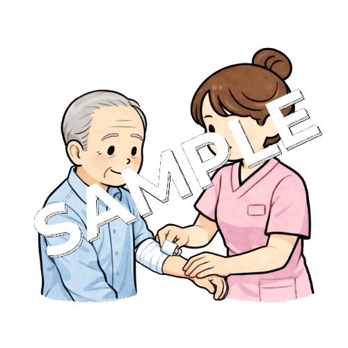 高齢男性患者のガーゼ交換をする女性看護師のイラスト