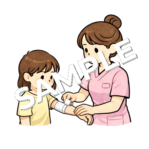 女の子の患者のガーゼ交換をする女性看護師のイラスト
