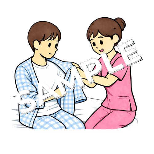 男性患者の寝衣交換をする女性看護師のイラスト