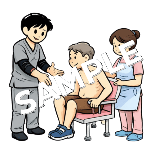 介護福祉士と患者の入浴動作を確認する男性作業療法士のイラスト