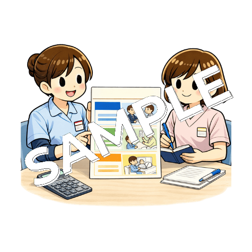 医療事務と診療報酬の算定について確認する女性看護師のイラスト