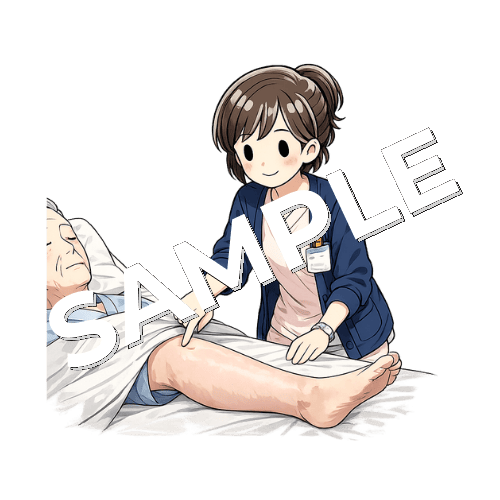 患者の浮腫部位を指で圧痕確認するベテラン女性看護師のイラスト