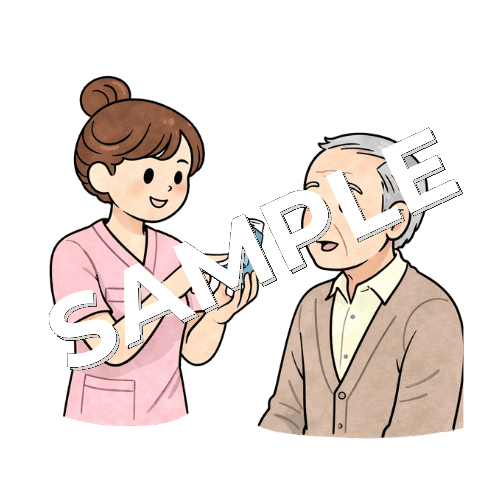 高齢男性患者の吸入薬の手技を確認する女性看護師のイラスト