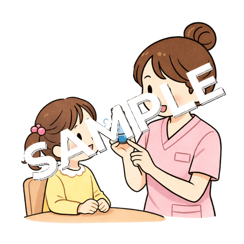 女の子の患者の吸入薬の手技を確認する女性看護師のイラスト