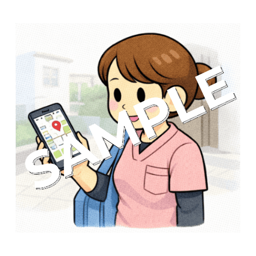 地図アプリを見ている訪問女性看護師のイラスト