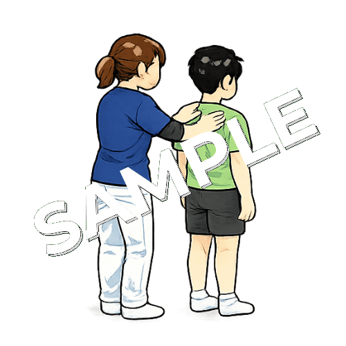 患者の姿勢を後ろからチェックする女性柔道整復師のイラスト