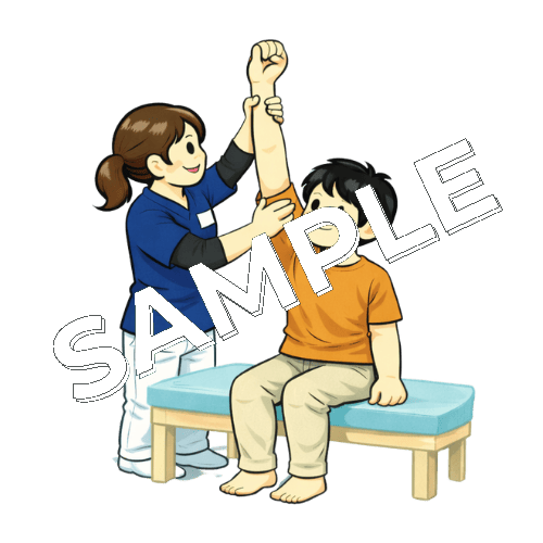 患者の肩の可動域をチェックする女性柔道整復師のイラスト