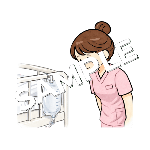患者の畜尿バッグを確認する女性看護師のイラスト