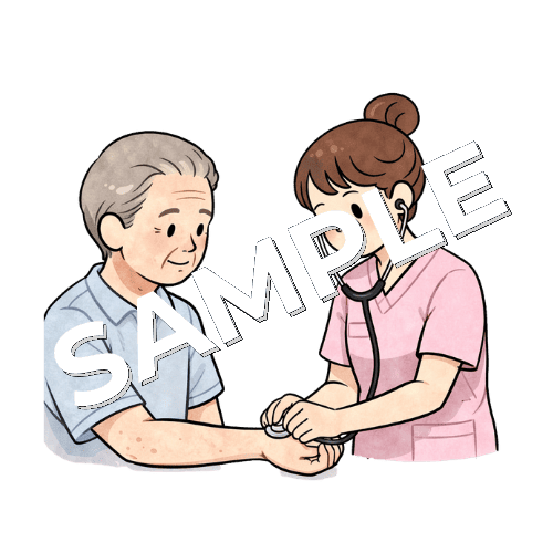 高齢男性患者のシャント部を確認する女性看護師のイラスト
