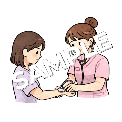 女性患者のシャント部を確認する女性看護師のイラスト