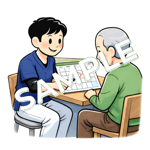 患者と一緒に退院日をカレンダーで確認する男性理学療法士のイラスト