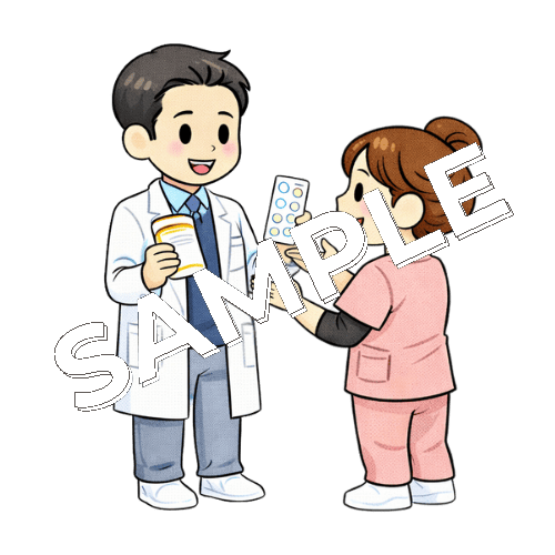 男性薬剤師と患者の薬について相談する女性看護師のイラスト