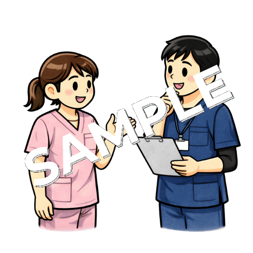 理学療法士と相談する女性看護師のイラスト