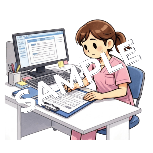 インシデント報告書を作成する女性看護師のイラスト