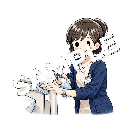 ベッド柵を消毒するベテラン女性看護師のイラスト