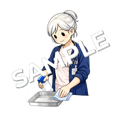 トレーを消毒するベテラン女性看護師のイラスト