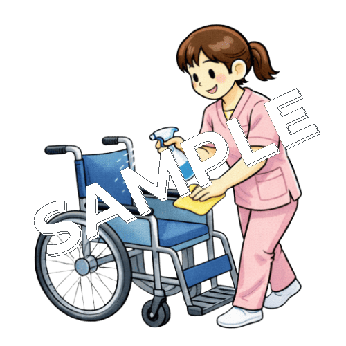 車椅子を消毒している女性看護師のイラスト