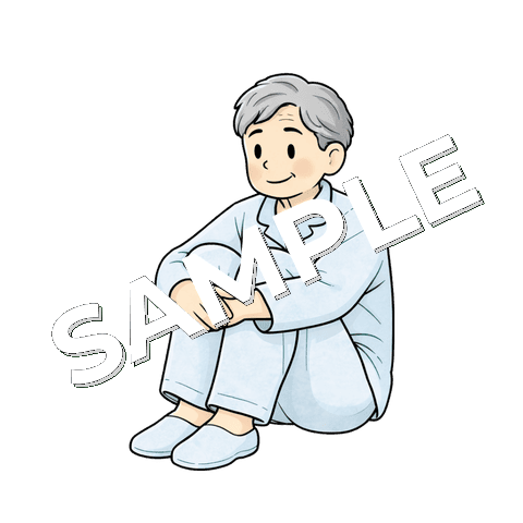 体育座りをする高齢男性患者のイラスト
