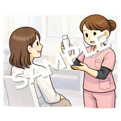 化粧品を手に持って説明している美容クリニックの女性看護師のイラスト