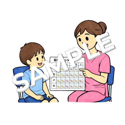 男の子の患者に服薬カレンダーを説明する女性看護師のイラスト