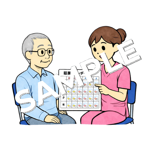 高齢男性患者に服薬カレンダーを説明する女性看護師のイラスト