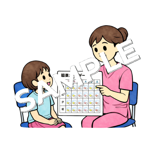 女の子の患者に服薬カレンダーを説明する女性看護師のイラスト